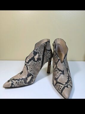 Vince Camuto Python-Print Pointed Toe High Heel Ankle Boot - Beige/Black 7.5M